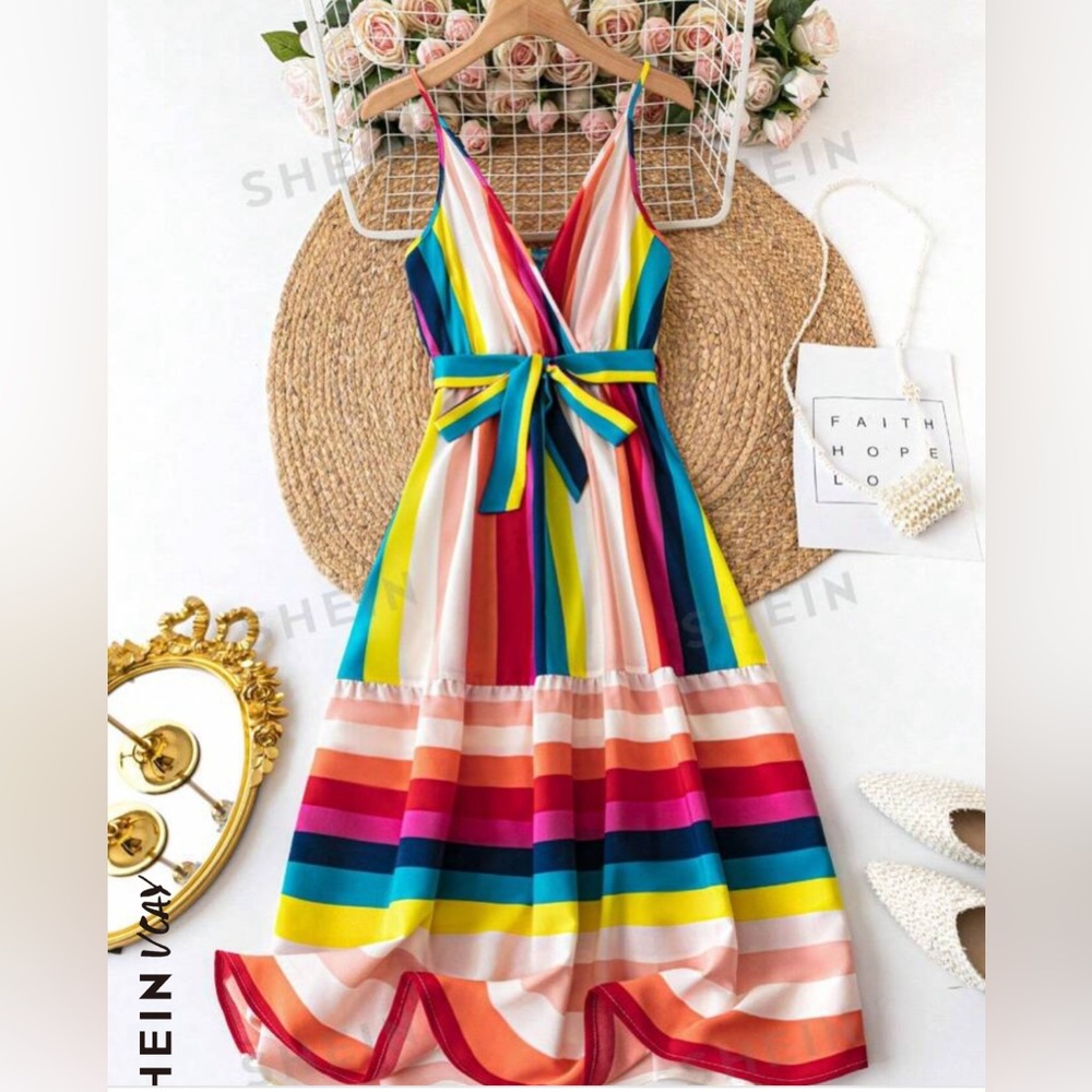 SHEIN Vacay women’s color block striped belted spaghetti strap dress